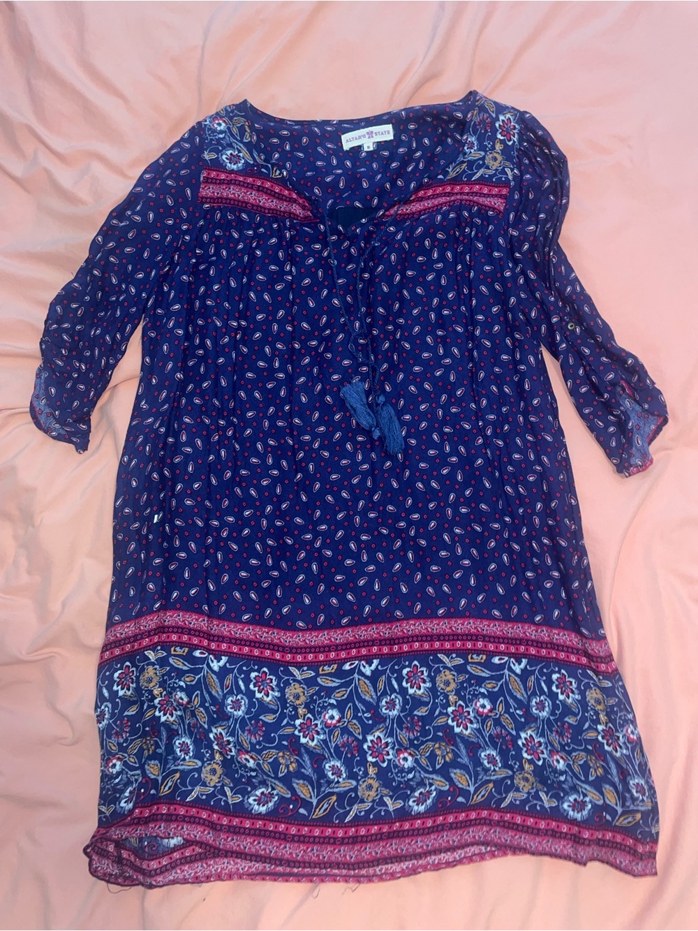 Aventura Navy Blue Paisley & Floral Midi Dress with Pink Accents